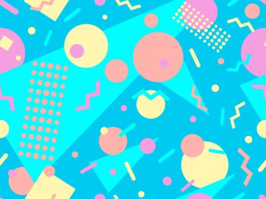 80 'lerin memphis tarzında geometrik kusursuz desen. Geometrik şekilli renkli bir arka plan. Promosyon ürünleri, ambalaj kağıdı, broşür ve baskı için tasarım. Vektör illüstrasyonu