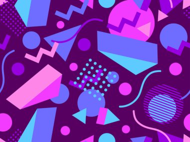 80 'lerin memphis tarzında 3 boyutlu geometrik kusursuz desen. Renkli arka plan ve izometrik geometrik şekiller. Promosyon ürünleri, ambalaj kağıdı, broşür ve baskı için tasarım. Vektör illüstrasyonu