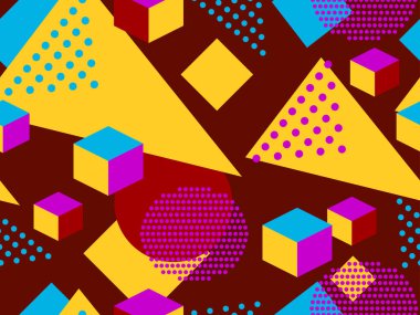 80 'lerin memphis tarzında 3 boyutlu geometrik kusursuz desen. Renkli arka plan ve izometrik geometrik şekiller. Promosyon ürünleri, ambalaj kağıdı, broşür ve baskı için tasarım. Vektör illüstrasyonu