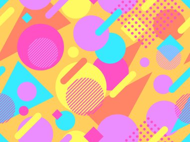 80 'lerin memphis tarzında geometrik kusursuz desen. Geometrik şekilli renkli bir arka plan. Promosyon ürünleri, ambalaj kağıdı, broşür ve baskı için tasarım. Vektör illüstrasyonu