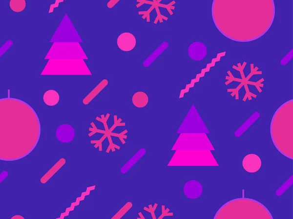80年代のスタイルで幾何学的な形状を持つクリスマスシームレスなパターン 三角形のクリスマスボールや木 パンフレット バナー 包装紙の雪片 ベクターイラスト — ストックベクタ