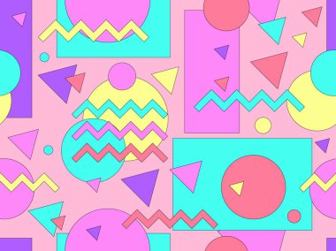 80 'lerin memphis tarzında geometrik kusursuz desen. Siyah felçli geometrik şekiller. Promosyon ürünleri tasarımı, ambalaj kağıdı, broşürler ve baskı. Vektör illüstrasyonu