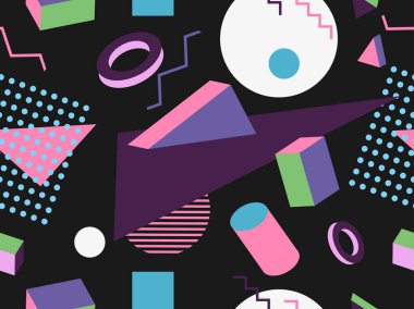 80 'lerin memphis tarzında 3 boyutlu şekilleri olan geometrik dikişsiz desen. Çok renkli izometrik geometrik şekiller. Promosyon malzemeleri, ambalaj kağıdı ve afişler için tasarım şablonu. Vektör illüstrasyonu