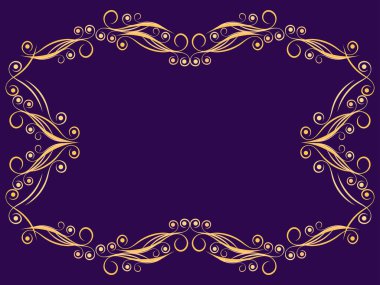 Girdaplı Art deco çerçeve. Menekşe arkaplanda altın çerçeve. Sanat eseri, klasik dekoratif süs. Davetiyeler, el ilanları ve tebrik kartları için bir şablon oluştur. 1920 'lerin biçim Vektör illüstrasyonu