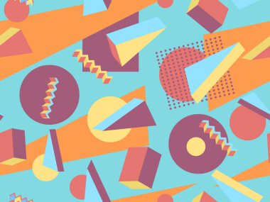 80 'lerin memphis tarzında 3 boyutlu şekilleri olan geometrik dikişsiz desen. Çok renkli izometrik geometrik şekiller. Promosyon malzemeleri, ambalaj kağıdı ve afişler için tasarım şablonu. Vektör illüstrasyonu