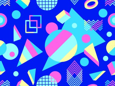 80 'lerin memphis tarzında 3 boyutlu şekilleri olan geometrik dikişsiz desen. Çok renkli izometrik geometrik şekiller. Promosyon malzemeleri, ambalaj kağıdı ve afişler için tasarım şablonu. Vektör illüstrasyonu