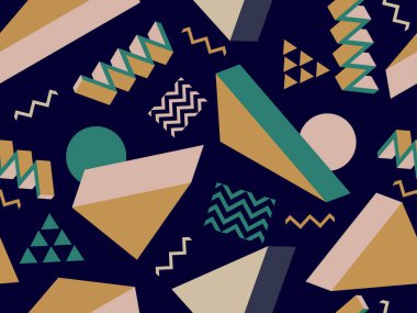 80 'lerin memphis tarzında 3 boyutlu şekilleri olan geometrik dikişsiz desen. Çok renkli izometrik geometrik şekiller. Promosyon malzemeleri, ambalaj kağıdı ve afişler için tasarım şablonu. Vektör illüstrasyonu