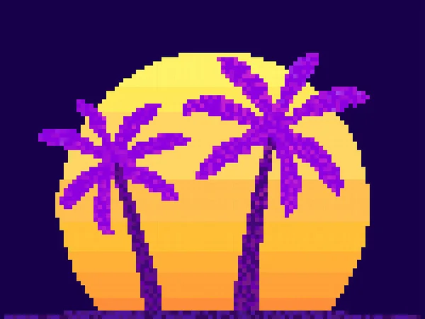 Pixel Art Palm Trees Sunrise 80S Style Bit Sun Synthwave — Vector de stock