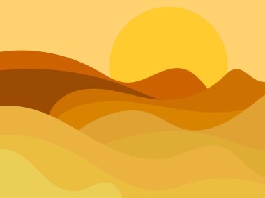 Minimalist tarzında kum tepeleri olan çöl manzarası. Sarı güneş düz tasarım. Parmak izleri, posterler ve iç tasarım için boho dekoru. Orta Çağ modern dekoru. Vektör illüstrasyonu