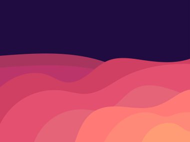Minimalist tarzında kum tepeleri olan gece çöl manzarası. Düz şekilli renkli dalgalı bir manzara. Parmak izleri, posterler ve iç tasarım için boho dekoru. Orta Çağ modern dekoru. Vektör illüstrasyonu