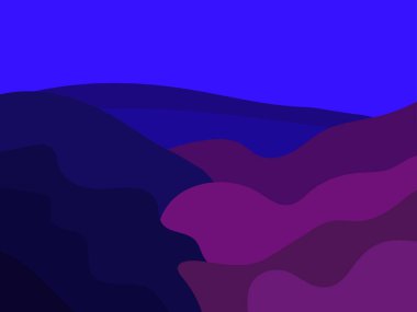 Minimalist bir tarzda gece dağı manzarası. Dağlar arasındaki yarık düz bir tarzda, koyu mavi ve bordo renklerde. Posterlerin, afişlerin ve iç malzemelerin tasarımı. Vektör illüstrasyonu
