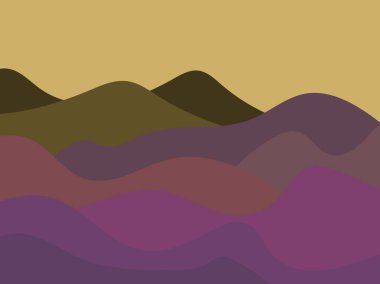 Dağ manzarası, minimalist düz stil. Boho tarzında dalgalı bir manzara. Posterler, afişler, kitap kapakları ve iç tasarım için tasarım. Modern orta çağ dekoru. Vektör illüstrasyonu