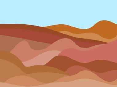 Dağ manzarası, minimalist düz stil. Boho tarzında dalgalı bir manzara. Posterler, afişler, kitap kapakları ve iç tasarım için tasarım. Modern orta çağ dekoru. Vektör illüstrasyonu