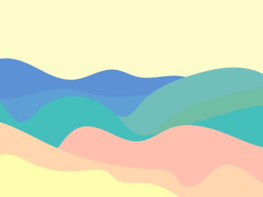 Minimalist tarzda çok renkli dalgalı bir manzara. Dağ çölü manzarası düz. Posterler, baskılar ve iç mekan için Boho tasarımı. Modern orta çağ dekoru. Vektör illüstrasyonu