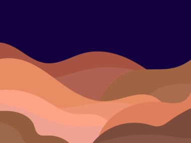 Gece dağ manzarası, minimalist düz stil. Boho tarzında dalgalı bir manzara. Posterler, afişler, kitap kapakları ve iç tasarım için tasarım. Modern orta çağ dekoru. Vektör illüstrasyonu