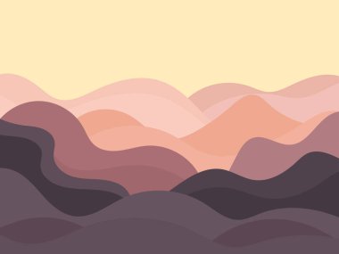 Dağ manzarası, minimalist düz stil. Boho tarzında dalgalı bir manzara. Posterler, afişler, kitap kapakları ve iç tasarım için tasarım. Modern orta çağ dekoru. Vektör illüstrasyonu