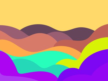 Minimalist tarzda renkli bir manzara. Düzlükler ve dağlar, tarlalar ve çayırlar. Parmak izleri, posterler ve iç tasarım için tipografik boho dekoru. Yüzyılın ortalarında modern dekorasyon. Vektör illüstrasyonu