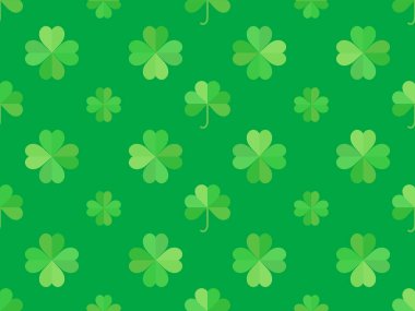 Aziz Patrick Günü için yoncalı kusursuz desen. Dört yapraklı ve üç yapraklı yoncanın yeşil tonları. Reklam ürünleri, kartpostallar ve baskı için arka plan. Vektör illüstrasyonu
