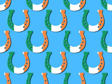 İrlanda bayrağı taşıyan at nalları, Aziz Patrick Günü için kusursuz desenler. Reklam ürünleri, kartpostallar ve tebrik kartları için şölen arka planı. Vektör illüstrasyonu