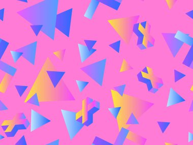 Geometrik, eğimli geometrik şekilli, dikişsiz desen. Memphis 80 'lerin tarzında. Mavi, sarı ve pembe renkler. Üçgenler ve üç boyutlu haçlar. Vektör illüstrasyonu