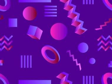 Geometrik gradyan şekilli kusursuz Memphis deseni. Geometrik desen 80 'ler tarzında. Mavi ve mor renkli. Afişler, promosyon ürünleri ve posterler için tasarım. Vektör illüstrasyonu