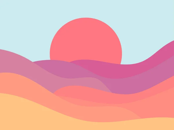 ミニマルなスタイルで波の風景 丘と日没の風景 赤い太陽 ポスターやインテリアデザインのためのボーアの装飾 ミッドセンチュリーモダンな装飾 トレンドスタイル ベクターイラスト — ストックベクタ