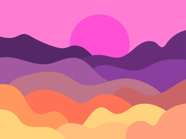 Пустельний Пейзаж Рожевим Сонцем Плоскому Стилі Хвилястий Пейзаж Мінімалістичному Стилі — стоковий вектор