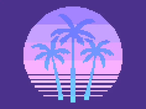 Pixel Arte Palmeras Atardecer Estilo Los Años Bit Sol Sintetizador — Vector de stock