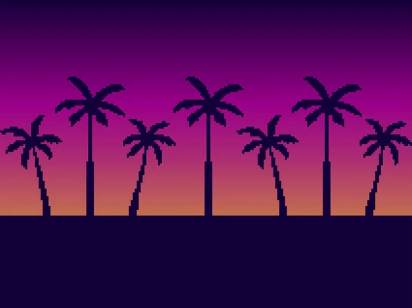 Pixel Kunstpalmbomen Bij Zonsondergang 80S Stijl Bit Zon Synthwave Retrowave — Stockvector