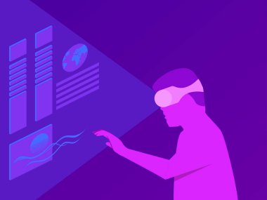 Meta evrende sanal gerçeklik gözlüğü takan adam. Sanal alana kulaklıkla giriliyor. VR teknolojisi. Sanal gerçekliğin el kontrolü. Mor renkler. Vektör illüstrasyonu