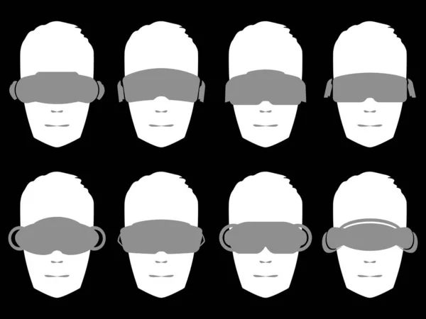 Hvit Silhuett Hode Virtuelle Virkelighetsbriller Sett Med Ikoner Isolert Svart – stockvektor