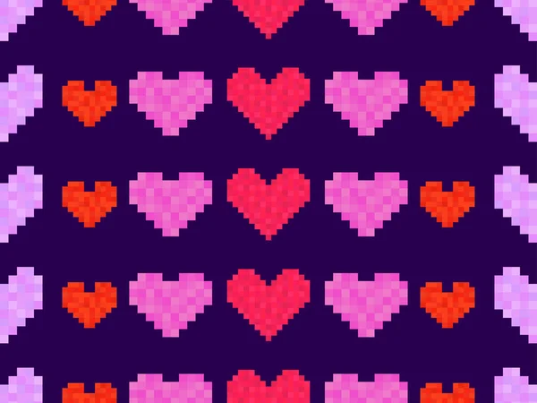 Pixel Art Hearts Seamless Pattern Colorful Bit Hearts Retro Bit — Stock Vector