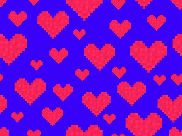 ピクセルアートの心のシームレスなパターン 青の背景に8ビットの赤い心 レトロ8ビットビデオゲーム 包装紙や広告のためのデザイン ベクターイラスト — ストックベクタ