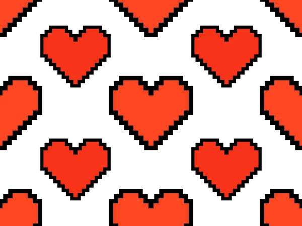 Pixel Art Hearts Seamless Pattern Bit Red Hearts Black Stroke — Stock Vector