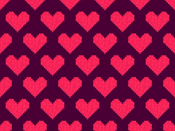 ピクセルアートの心のシームレスなパターン 8ビットの赤い心 レトロ8ビットビデオゲーム 包装紙や広告のためのデザイン ベクターイラスト — ストックベクタ