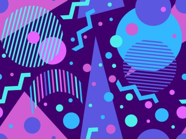 80 'ler ve 90' lar tarzında geometrik şekilli kusursuz Memphis deseni. Farklı şekil ve renklerin geometrik şekilleri. Promosyon ürünleri tasarımı, ambalaj kağıdı ve baskı. Vektör illüstrasyonu