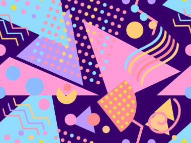 80 'ler ve 90' lar tarzında geometrik şekilli kusursuz Memphis deseni. Farklı şekil ve renklerin geometrik şekilleri. Promosyon ürünleri tasarımı, ambalaj kağıdı ve baskı. Vektör illüstrasyonu