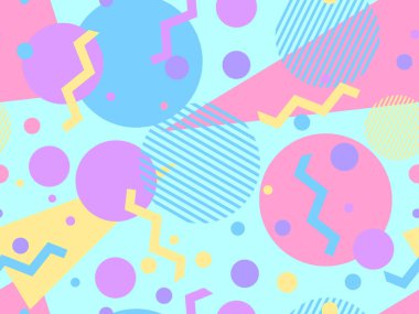 80 'ler ve 90' lar tarzında geometrik şekilli kusursuz Memphis deseni. Farklı şekil ve renklerin geometrik şekilleri. Promosyon ürünleri tasarımı, ambalaj kağıdı ve baskı. Vektör illüstrasyonu