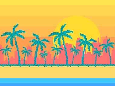 Plajda gündoğumu, 80 'lerin pikselli sanat tarzında palmiye ağaçları. Miami gün doğumu, plajdan şehir manzarası. 8-bit güneş sentetik dalgası ve retrodalga. Retro 8-bit video oyunu. Vektör illüstrasyonu
