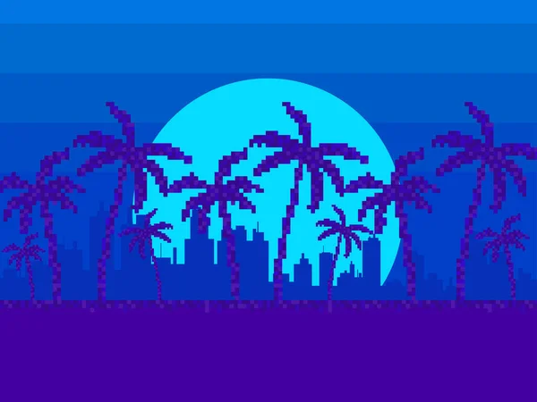 Night Cityscape Palm Trees 80S Pixel Art Style Pixel Palm — Stock Vector