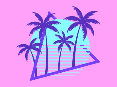 Günbatımında 80 'lerin bilim kurgu palmiyeleri. Palmiye ağaçları ile geçmişe dönük fütürist güneş. Yaz zamanı. Sentetik dalga ve retrodalga tarzı. Reklam broşürleri, afişler ve posterler için tasarım. Vektör illüstrasyonu