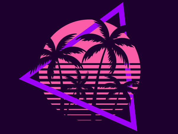 Ретро-фантастические пальмы 80-х годов на закате. Ретро футуристическое солнце с пальмами. Летнее время. Synthwave and retmicrowave style. Дизайн рекламных брошюр, баннеров и плакатов. Векторная иллюстрация