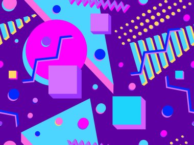 80 'lerin tarzında 3 boyutlu geometrik şekilli kusursuz desen. Renkli geometrik şekilli bir arka plan. Promosyon ürünleri tasarımı, ambalaj kağıdı ve baskı. Vektör illüstrasyonu