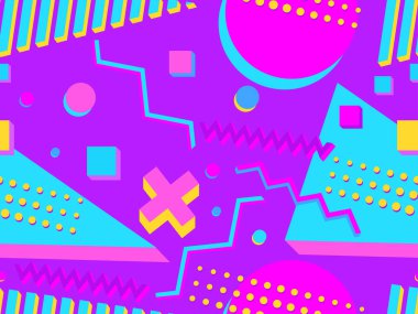 80 'lerin tarzında 3 boyutlu geometrik şekilli kusursuz desen. Renkli geometrik şekilli bir arka plan. Promosyon ürünleri tasarımı, ambalaj kağıdı ve baskı. Vektör illüstrasyonu