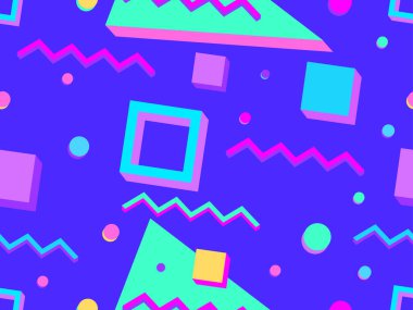 80 'lerin tarzında 3 boyutlu geometrik şekilli kusursuz desen. Renkli geometrik şekilli bir arka plan. Promosyon ürünleri tasarımı, ambalaj kağıdı ve baskı. Vektör illüstrasyonu