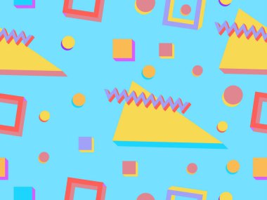 80 'lerin tarzında 3 boyutlu geometrik şekilli kusursuz desen. Renkli geometrik şekilli bir arka plan. Promosyon ürünleri tasarımı, ambalaj kağıdı ve baskı. Vektör illüstrasyonu