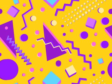 80 'lerin tarzında 3 boyutlu geometrik şekilli kusursuz desen. Renkli geometrik şekilli bir arka plan. Promosyon ürünleri tasarımı, ambalaj kağıdı ve baskı. Vektör illüstrasyonu