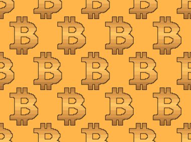 Piksel sanat tarzında bitcoin işareti kusursuz desen. Piksel cinsinden 8-bit Bitcoin işareti. Altın arka planda izole edilmiş. Kripto para birimi, engelleme zinciri. Vektör illüstrasyonu