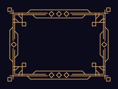 Art deco çerçeve. Klasik doğrusal sınır. Davetiyeler, broşürler ve tebrik kartları için bir şablon tasarla. Geometrik altın çerçeveli. 1920 'lerin tarzı - 1930' lar. Vektör illüstrasyonu