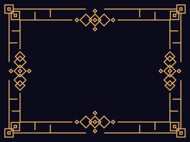 Art deco çerçeve. Klasik doğrusal sınır. Davetiyeler, broşürler ve tebrik kartları için bir şablon tasarla. Geometrik altın çerçeveli. 1920 'lerin tarzı - 1930' lar. Vektör illüstrasyonu